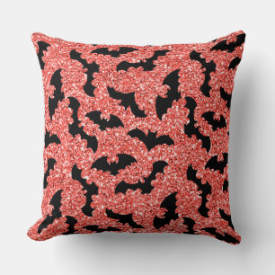 RED GLITTER LOOK WITH BLACK BATS CUSHION