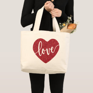 Red Glitter Love Heart Valentine's Large Tote Bag