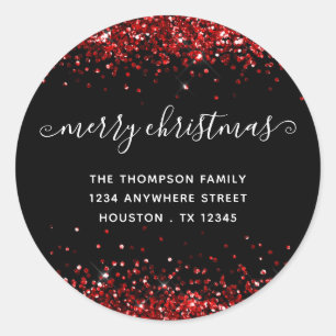 Red Glitter Merry Christmas Name Address Black Classic Round Sticker