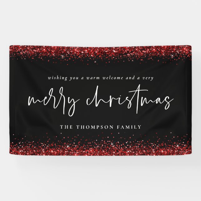 Red Glitter Merry Christmas Name Black Banner (Horizontal)