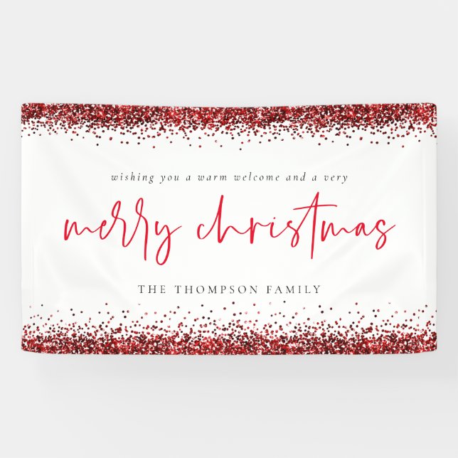 Red Glitter Merry Christmas Name White Banner (Horizontal)