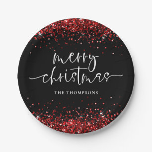 Red Glitter Merry Christmas Party Black Paper Plate