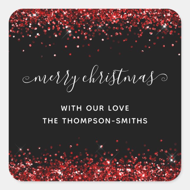 Red Glitter Merry Christmas Script Names Black Square Sticker (Front)