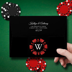 Red Glitter Monogram Poker Chip Casino Wedding Envelope