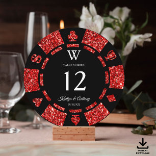 Red Glitter Monogram Poker Chip Casino Wedding Invitation