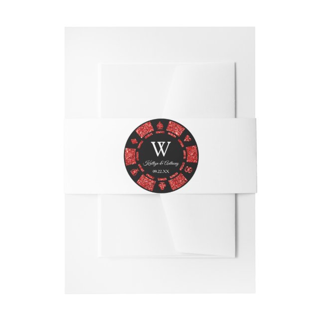 Red Glitter Monogram Poker Chip Casino Wedding Invitation Belly Band (Front Example)