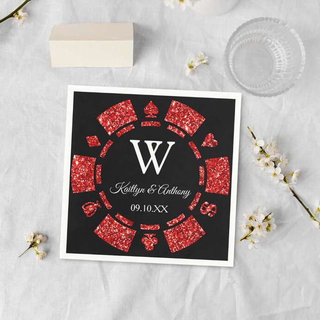 Red Glitter Monogram Poker Chip Casino Wedding Napkin (Creator Uploaded)