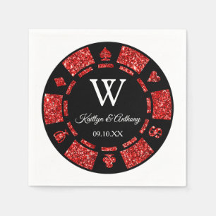 Red Glitter Monogram Poker Chip Casino Wedding Napkin
