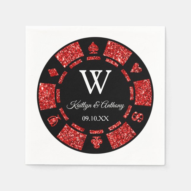Red Glitter Monogram Poker Chip Casino Wedding Napkin (Front)