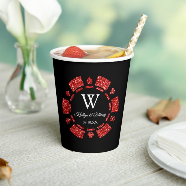 Red Glitter Monogram Poker Chip Casino Wedding Paper Cups (Insitu)