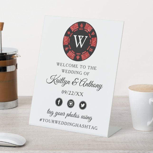 Red Glitter Monogram Poker Chip Casino Wedding Pedestal Sign (In SItu)