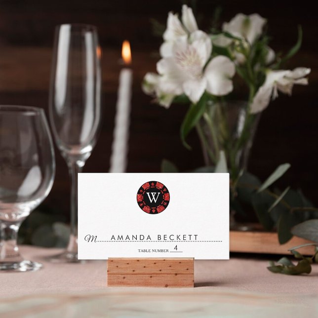 Red Glitter Monogram Poker Chip Casino Wedding Place Card (Creator Uploaded)