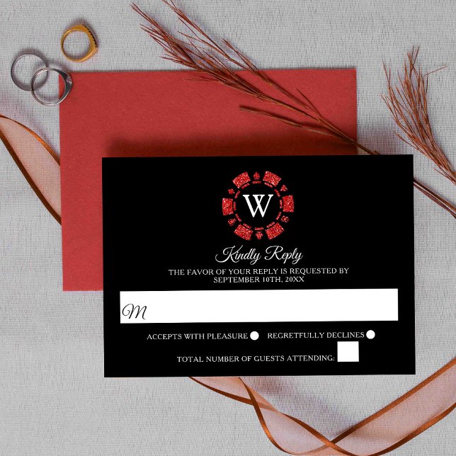 Red Glitter Monogram Poker Chip Casino Wedding RSVP Card (Creator Uploaded)