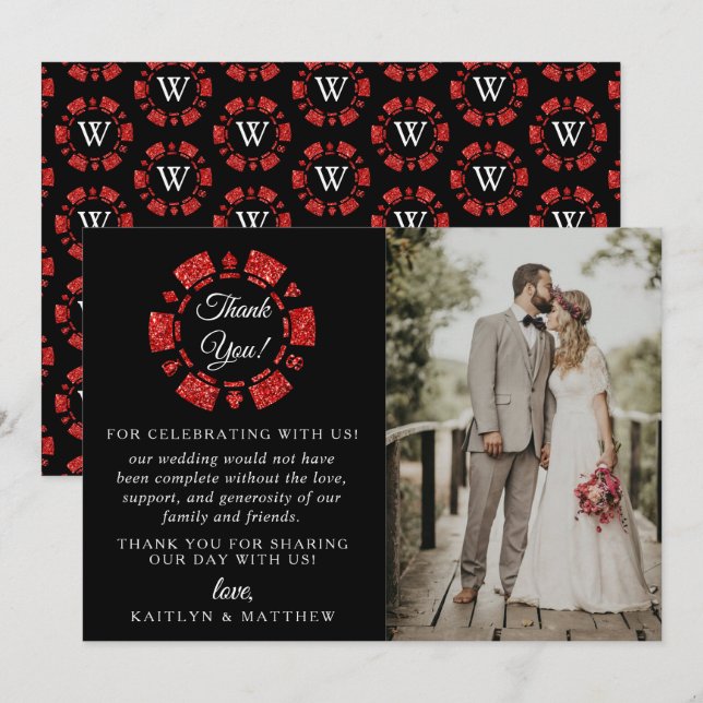 Red Glitter Monogram Poker Chip Casino Wedding Thank You Card (Front/Back)
