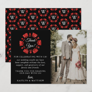 Red Glitter Monogram Poker Chip Casino Wedding Thank You Card