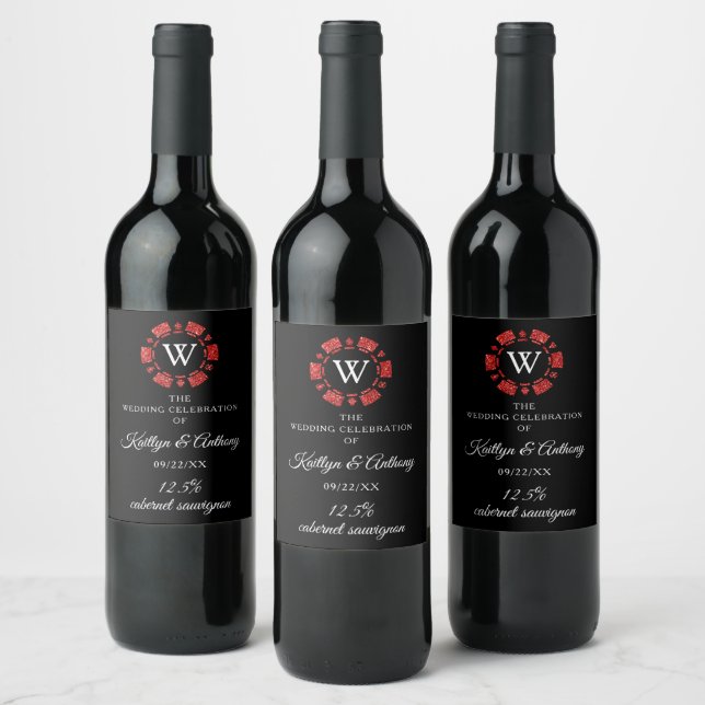 Red Glitter Monogram Poker Chip Casino Wedding Wine Label (Bottles)