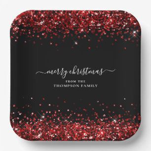 Red Glitter Name Merry Christmas Black Paper Plate