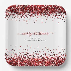 Red Glitter Name Merry Christmas White Paper Plate