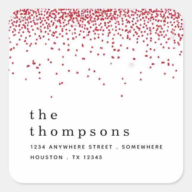 Red Glitter Name Return Address Christmas Square Sticker (Front)