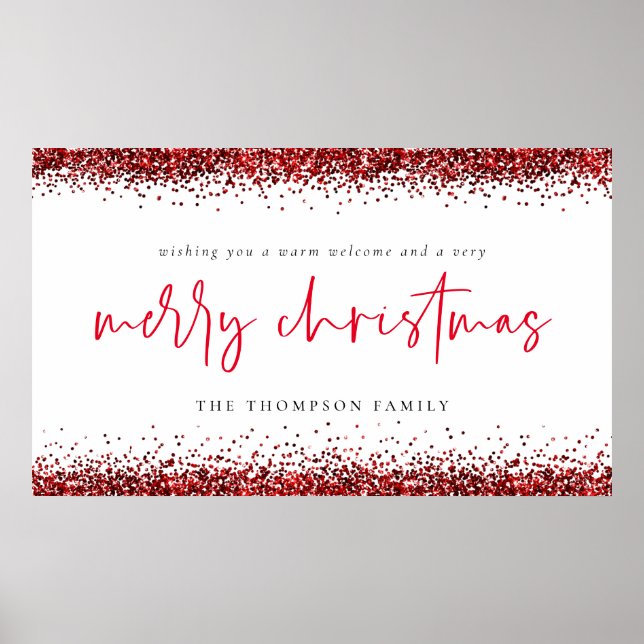 Red Glitter Name Welcome Merry Christmas White Poster (Front)
