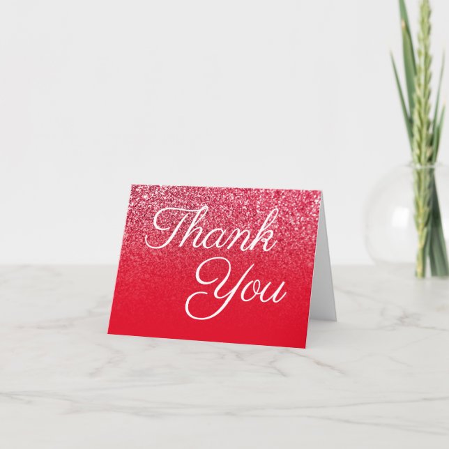 Red Glitter Ombre Elegant Calligraphy Thank You Card (Front)