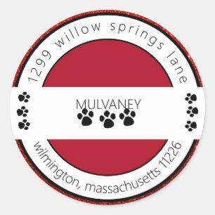 Red Glitter Paw Print Return Address Classic Round Sticker