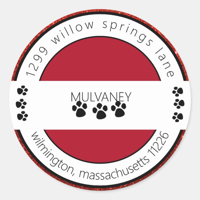 Red Glitter Paw Print Return Address Classic Round Sticker (Front)