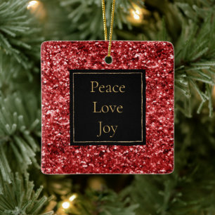 Red Glitter Peace Love Joy Ceramic Ornament