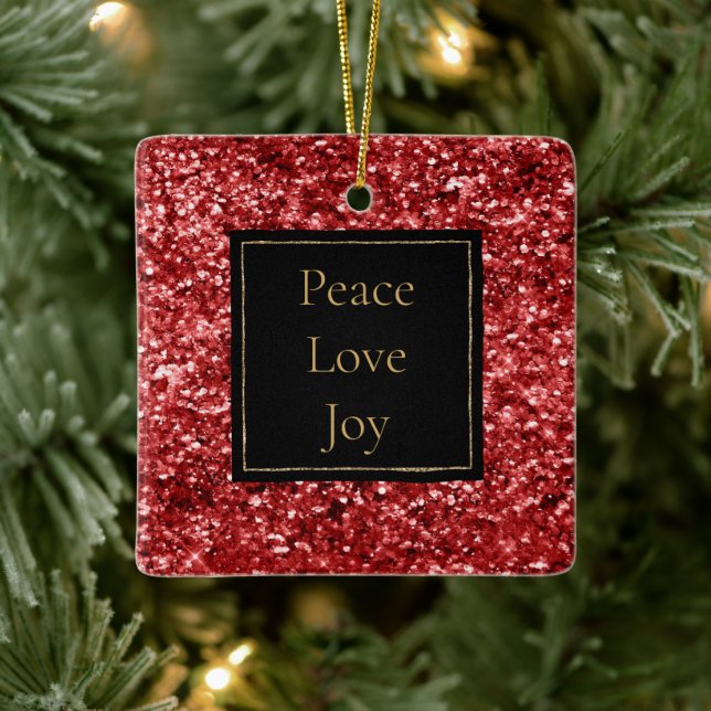 Red Glitter Peace Love Joy Ceramic Ornament (Tree)