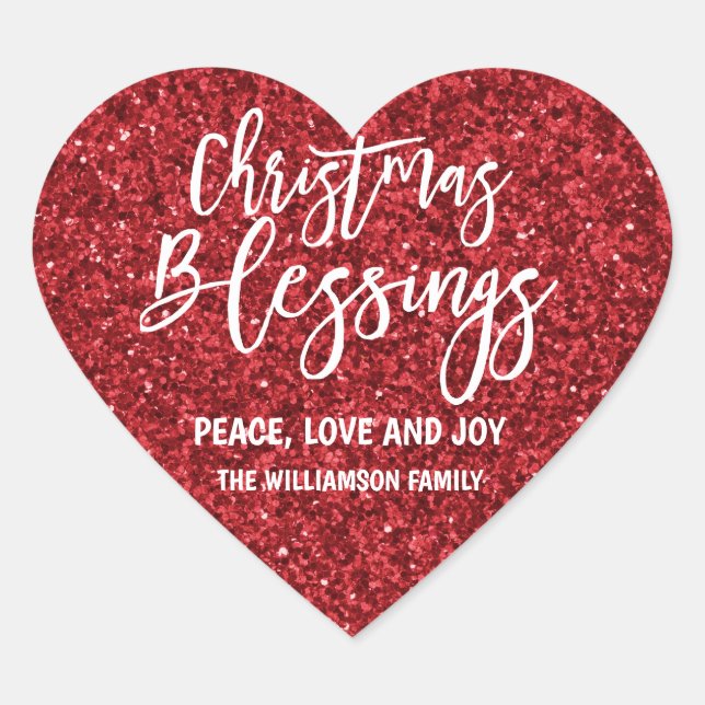 Red Glitter Personalised Christmas Blessings Heart Sticker (Front)