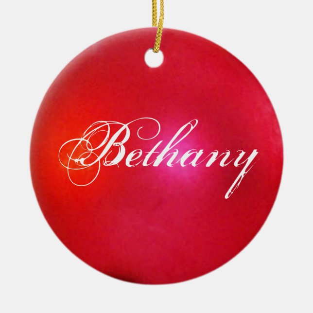 Red Glitter Personalised Holiday  Ceramic Tree Decoration (Front)