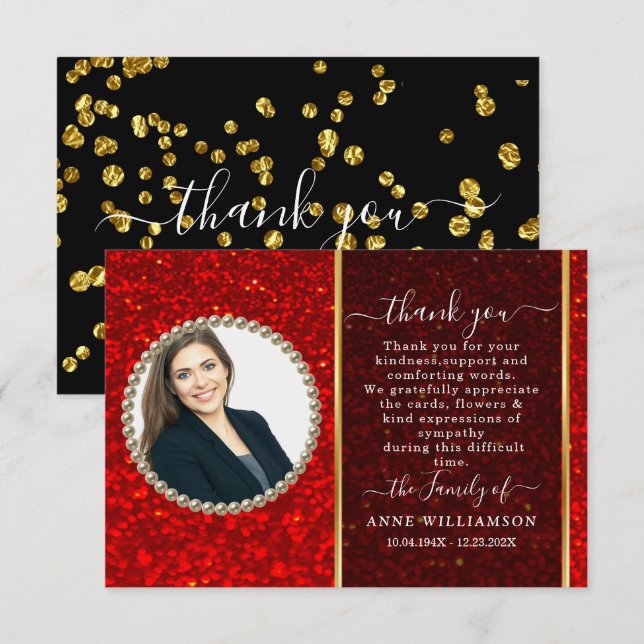 Red Glitter Photo Funeral Thank You Card (Front/Back)