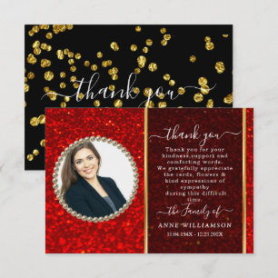 Red Glitter Photo Funeral Thank You Card