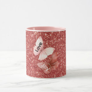 Red Glitter Pink Love Joy Butterflies Mug