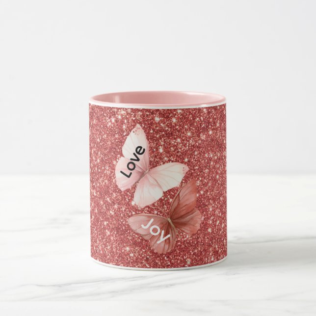 Red Glitter Pink Love Joy Butterflies Mug (Center)