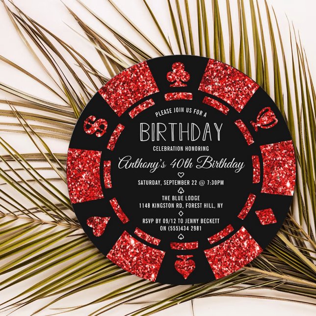 Red Glitter Poker Chip Casino Birthday Party Invitation (Creator Uploaded)