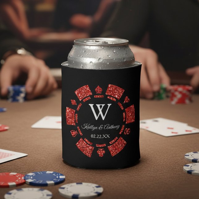 Red Glitter Poker Chip Casino Wedding Can Cooler (Creator Uploaded)
