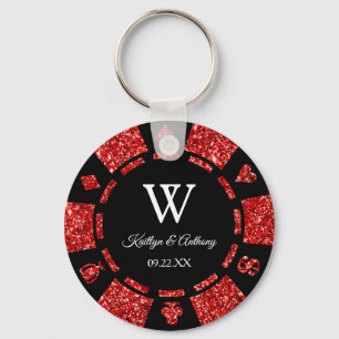 Red Glitter Poker Chip Casino Wedding Party Favor Key Ring