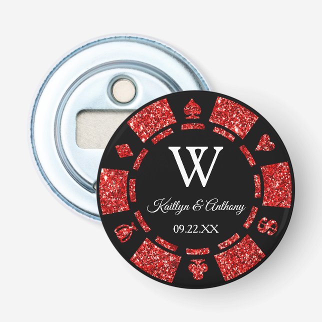 Red Glitter Poker Chip Casino Wedding Party Favour Bottle Opener (Front)