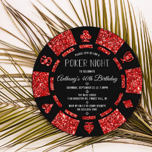 Red Glitter Poker Chip Poker Night Birthday Party Invitation