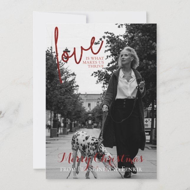 Red Glitter Script Elegant Photo Christmas Card (Front)