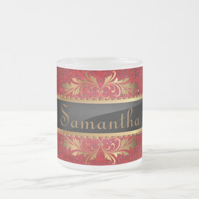 Red Glitter Sequin Frosted Glass Coffee Mug Cup (Center)