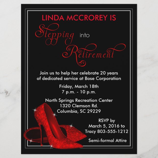 Red Glitter Shoes Retirement Invitation (Front)