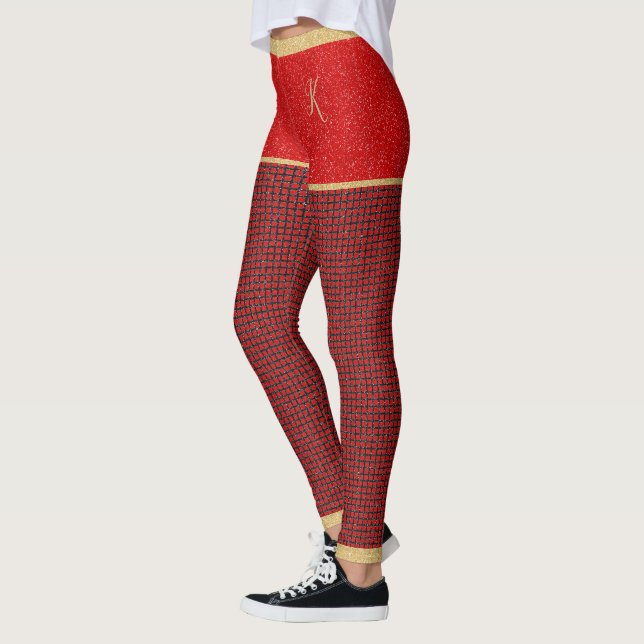 Red Glitter Shorts, Red Black Pattern, Monogram Leggings (Left)