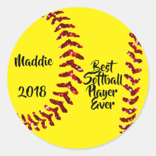 Red Glitter Softball Stiches Classic Round Sticker