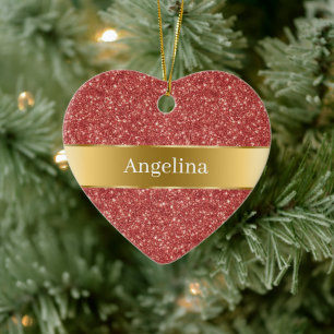 Red Glitter Sparkle Gold Ribbon Christmas Ceramic Tree Decoration