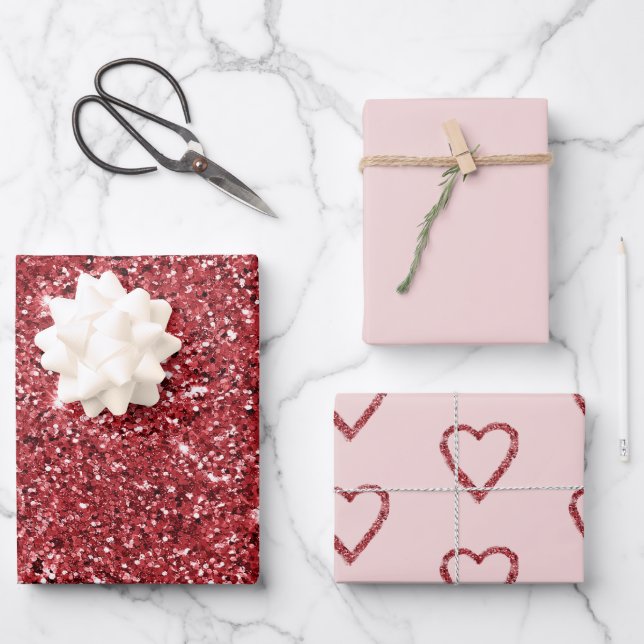 Red Glitter Sparkle Hearts Pink Blush Wrapping Paper Sheet (Front)