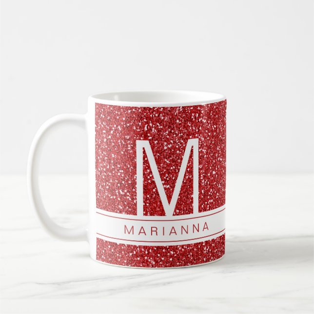 Red Glitter Sparkle Monogram Custom Name Initial Coffee Mug (Left)