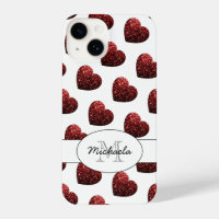 Red Glitter sparkles Hearts pattern white Monogram