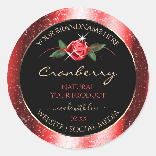 Red Glitter Stars Black Product Labels Rose Flower (Front)